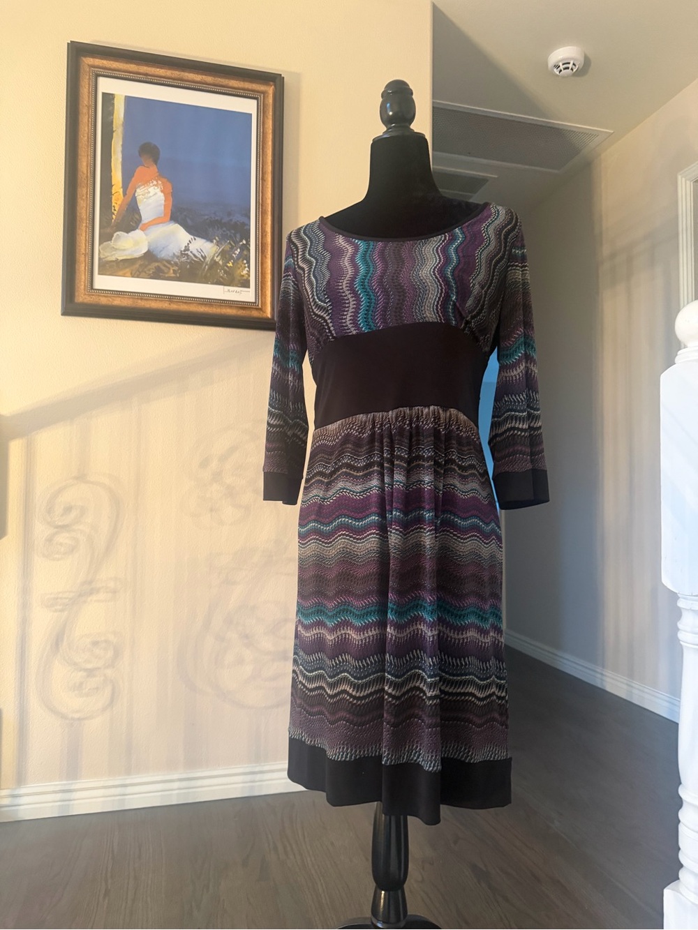 Sandra Darren Plum and Teal Wave-Pattern Midi Dress - Picture 1 of 5